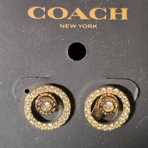 Coach Signature Open Circle Halo Stud Earrings CZ White Gold Plated